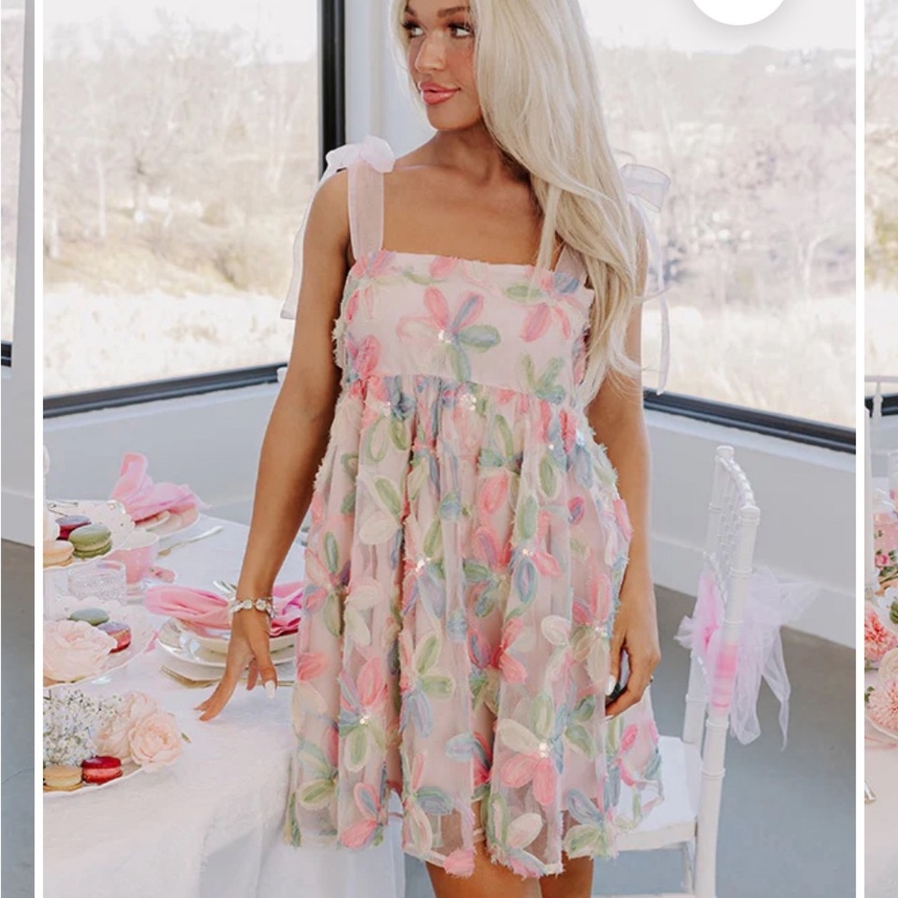 Day + Moon Blush Embroidered Floral Pastel Dress with Bow Straps